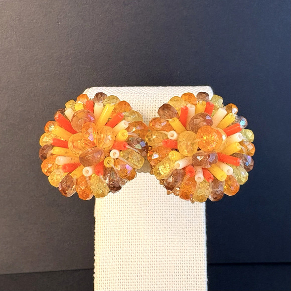 Vintage Vendome Orange Yellow Acrylic Round Adjustable Patented Clip On Earrings - Picture 1 of 8